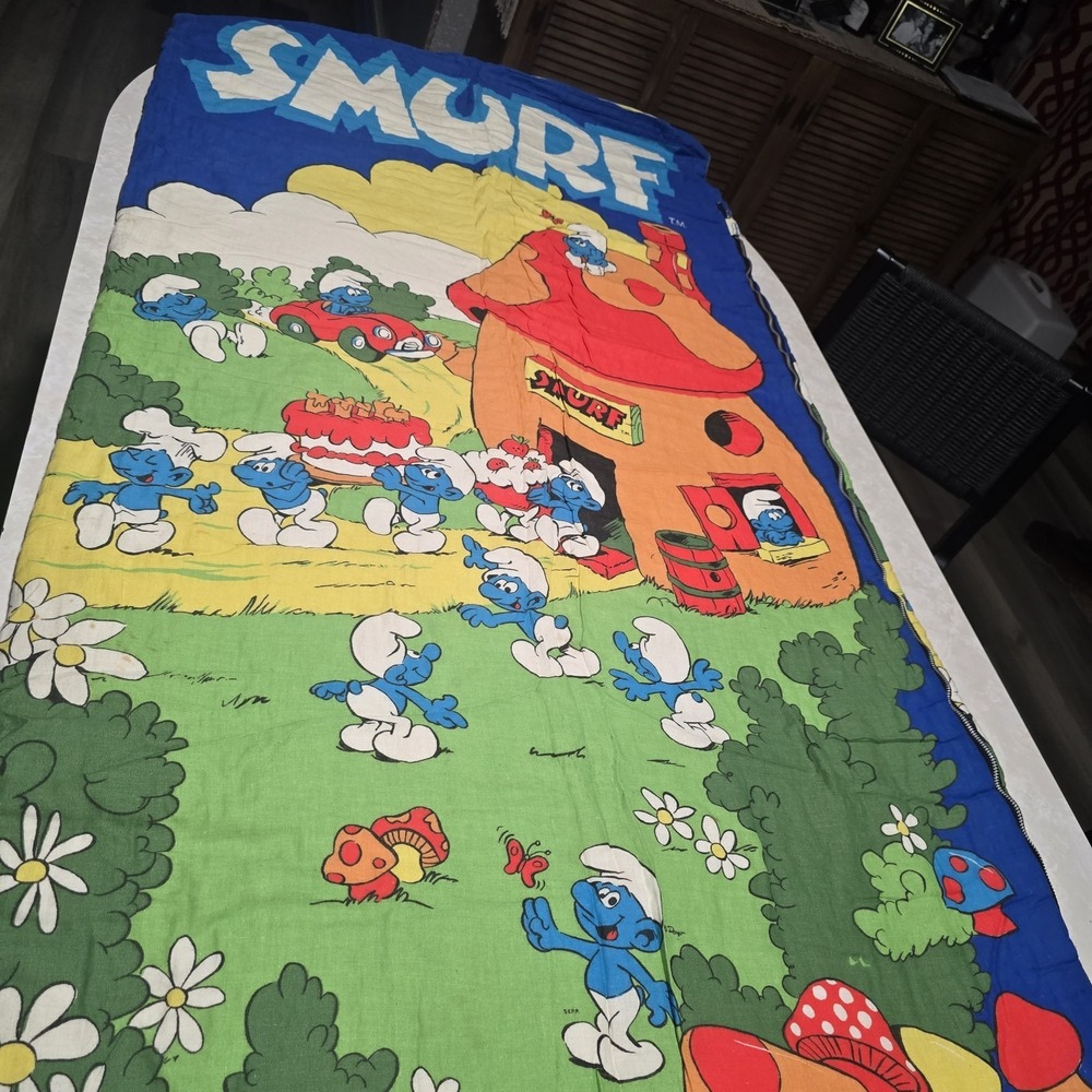 Vintage Smurfs Sleeping Bag Colorful Birthday Party Theme Print 1980s Wenzel